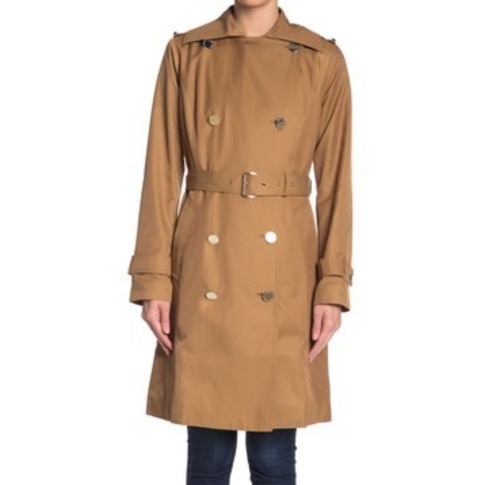 Michael Kors Double-Breasted Trench Coat – Notch Lapel, Belted, Dark Camel XS